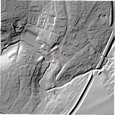 Shaded relief map of the ground around CV471NS, computed from Environment Agency LiDAR. The ground here sits at about 81 m above sea level and falls 23 m across the surrounding 800 m. Surface water reaching this point runs off ground lying to the north-north-east, 6.8 m higher.