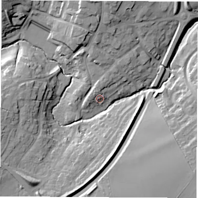 Shaded relief map of the ground around CV471NU, computed from Environment Agency LiDAR. The ground here sits at about 80 m above sea level and falls 19 m across the surrounding 800 m. Surface water reaching this point runs off ground lying to the north-north-west, 4.9 m higher.