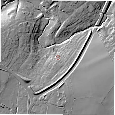 Shaded relief map of the ground around CV471NX, computed from Environment Agency LiDAR. The ground here sits at about 82 m above sea level and falls 17 m across the surrounding 800 m. Surface water reaching this point runs off ground lying to the south-east, 5.0 m higher.