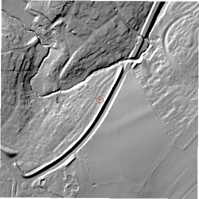 Shaded relief map of the ground around CV471NZ, computed from Environment Agency LiDAR. The ground here sits at about 82 m above sea level and falls 19 m across the surrounding 800 m. Surface water reaching this point runs off ground lying to the south, 5.8 m higher.