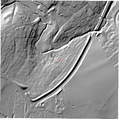 Shaded relief map of the ground around CV471PA, computed from Environment Agency LiDAR. The ground here sits at about 81 m above sea level and falls 18 m across the surrounding 800 m. Surface water reaching this point runs off ground lying to the south-south-east, 9.0 m higher.