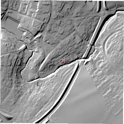 Shaded relief map of the ground around CV471PD, computed from Environment Agency LiDAR. The ground here sits at about 78 m above sea level and falls 19 m across the surrounding 800 m. Surface water reaching this point runs off ground lying to the south-east, 18.0 m higher.