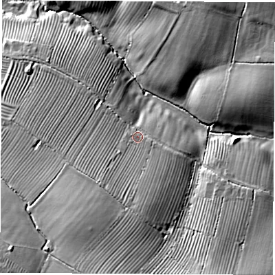 Shaded relief map of the ground around CV472BZ, computed from Environment Agency LiDAR. The ground here sits at about 100 m above sea level and falls 19 m across the surrounding 800 m. Surface water reaching this point runs off ground lying to the south, 6.3 m higher.