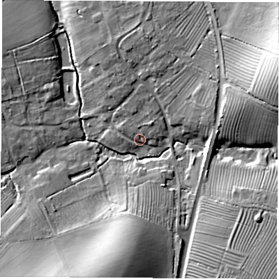 Shaded relief map of the ground around CV472DE, computed from Environment Agency LiDAR. The ground here sits at about 89 m above sea level and falls 23 m across the surrounding 800 m. Surface water reaching this point runs off ground lying to the south-south-west, 19.2 m higher.