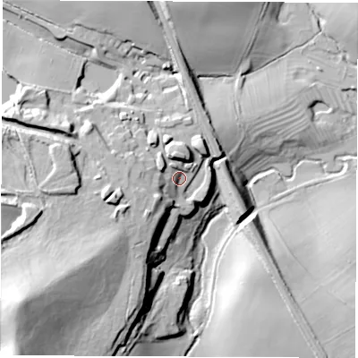 Shaded relief map of the ground around CV472EJ, computed from Environment Agency LiDAR. The ground here sits at about 94 m above sea level and falls 48 m across the surrounding 800 m. Surface water reaching this point runs off ground lying to the south-west, 22.1 m higher.