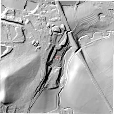 Shaded relief map of the ground around CV472FG, computed from Environment Agency LiDAR. The ground here sits at about 87 m above sea level and falls 47 m across the surrounding 800 m. Surface water reaching this point runs off ground lying to the west, 19.4 m higher.