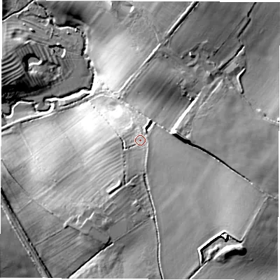 Shaded relief map of the ground around CV472RP, computed from Environment Agency LiDAR. The ground here sits at about 95 m above sea level and falls 30 m across the surrounding 800 m. Surface water reaching this point runs off ground lying to the south-east, 2.1 m higher.