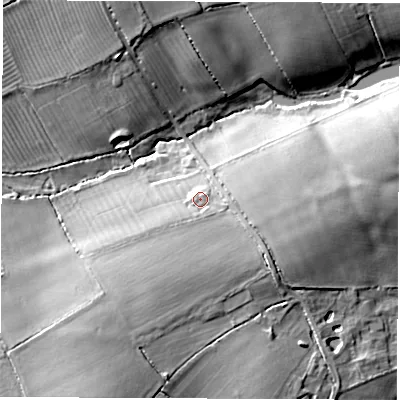 Shaded relief map of the ground around CV472SN, computed from Environment Agency LiDAR. The ground here sits at about 97 m above sea level and falls 13 m across the surrounding 800 m. Surface water reaching this point runs off ground lying to the south-south-west, 3.4 m higher.