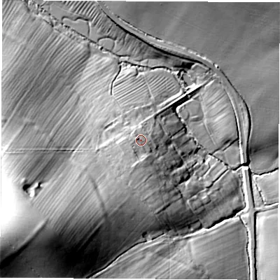 Shaded relief map of the ground around CV472XP, computed from Environment Agency LiDAR. The ground here sits at about 103 m above sea level and falls 28 m across the surrounding 800 m. Surface water reaching this point runs off ground lying to the south, 1.5 m higher.