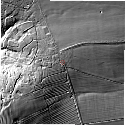 Shaded relief map of the ground around CV477SH, computed from Environment Agency LiDAR. The ground here sits at about 147 m above sea level and falls 43 m across the surrounding 800 m. Surface water reaching this point runs off ground lying to the west-south-west, 3.4 m higher.