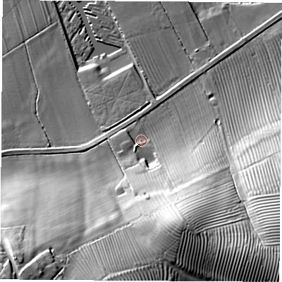 Shaded relief map of the ground around CV478NL, computed from Environment Agency LiDAR. The ground here sits at about 105 m above sea level and falls 40 m across the surrounding 800 m. Surface water reaching this point runs off ground lying to the south-south-east, 28.7 m higher.