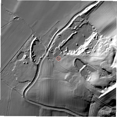 Shaded relief map of the ground around CV478NT, computed from Environment Agency LiDAR. The ground here sits at about 102 m above sea level and falls 67 m across the surrounding 800 m. Surface water reaching this point runs off ground lying to the east, 54.4 m higher.