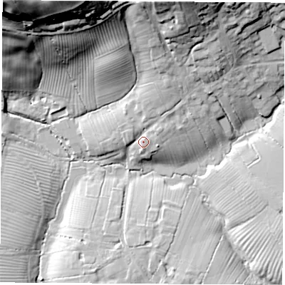 Shaded relief map of the ground around CV478NY, computed from Environment Agency LiDAR. The ground here sits at about 102 m above sea level and falls 51 m across the surrounding 800 m. Surface water reaching this point runs off ground lying to the north-north-east, 27.3 m higher.