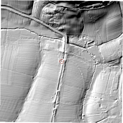 Shaded relief map of the ground around CV478NZ, computed from Environment Agency LiDAR. The ground here sits at about 99 m above sea level and falls 47 m across the surrounding 800 m. Surface water reaching this point runs off ground lying to the south-south-east, 1.9 m higher.