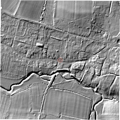Shaded relief map of the ground around CV479FB, computed from Environment Agency LiDAR. The ground here sits at about 69 m above sea level and falls 11 m across the surrounding 800 m. Surface water reaching this point runs off ground lying to the north-north-east, 3.9 m higher.