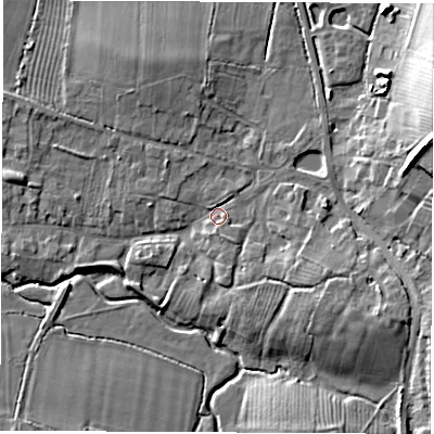 Shaded relief map of the ground around CV479FD, computed from Environment Agency LiDAR. The ground here sits at about 70 m above sea level and falls 15 m across the surrounding 800 m. Surface water reaching this point runs off ground lying to the east-north-east, 12.4 m higher.