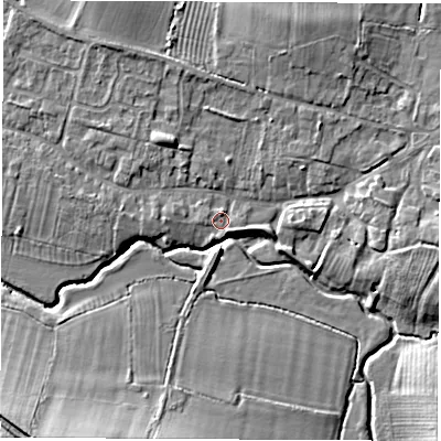Shaded relief map of the ground around CV479NN, computed from Environment Agency LiDAR. The ground here sits at about 69 m above sea level and falls 16 m across the surrounding 800 m. Surface water reaching this point runs off ground lying to the east-south-east, 1.8 m higher.