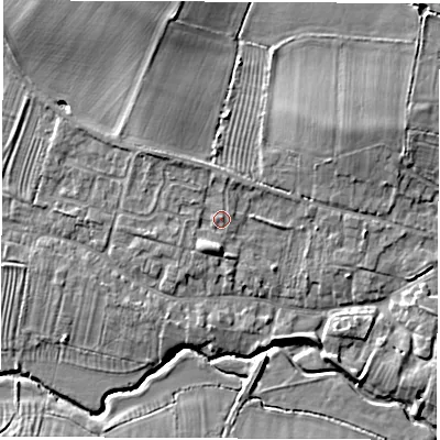 Shaded relief map of the ground around CV479NZ, computed from Environment Agency LiDAR. The ground here sits at about 70 m above sea level and falls 6 m across the surrounding 800 m. Surface water reaching this point runs off ground lying to the south-south-west, 2.3 m higher.