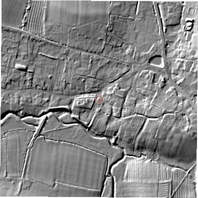 Shaded relief map of the ground around CV479PE, computed from Environment Agency LiDAR. The ground here sits at about 70 m above sea level and falls 9 m across the surrounding 800 m. Surface water reaching this point runs off ground lying to the east-south-east, 5.9 m higher.