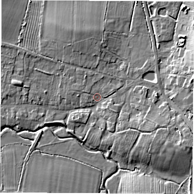 Shaded relief map of the ground around CV479PG, computed from Environment Agency LiDAR. The ground here sits at about 69 m above sea level and falls 11 m across the surrounding 800 m. Surface water reaching this point runs off ground lying to the east-south-east, 7.5 m higher.
