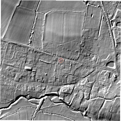 Shaded relief map of the ground around CV479PL, computed from Environment Agency LiDAR. The ground here sits at about 70 m above sea level and falls 8 m across the surrounding 800 m. Surface water reaching this point runs off ground lying to the north-north-east, 2.3 m higher.