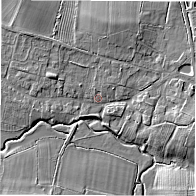 Shaded relief map of the ground around CV479PN, computed from Environment Agency LiDAR. The ground here sits at about 69 m above sea level and falls 9 m across the surrounding 800 m. Surface water reaching this point runs off ground lying to the north, 3.9 m higher.