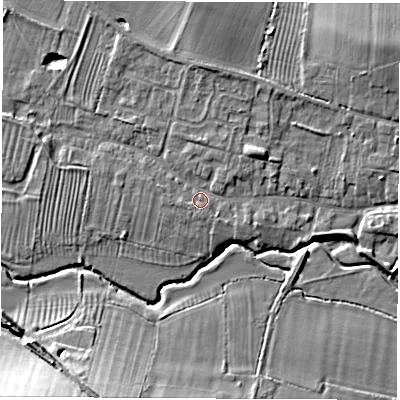 Shaded relief map of the ground around CV479PR, computed from Environment Agency LiDAR. The ground here sits at about 69 m above sea level and falls 16 m across the surrounding 800 m. Surface water reaching this point runs off ground lying to the north-east, 2.4 m higher.