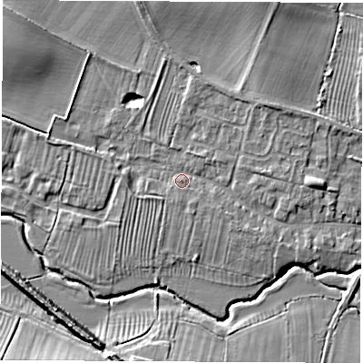 Shaded relief map of the ground around CV479PT, computed from Environment Agency LiDAR. The ground here sits at about 69 m above sea level and falls 11 m across the surrounding 800 m. Surface water reaching this point runs off ground lying to the east, 2.9 m higher.