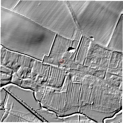 Shaded relief map of the ground around CV479PU, computed from Environment Agency LiDAR. The ground here sits at about 68 m above sea level and falls 8 m across the surrounding 800 m. Surface water reaching this point runs off ground lying to the east, 5.9 m higher.