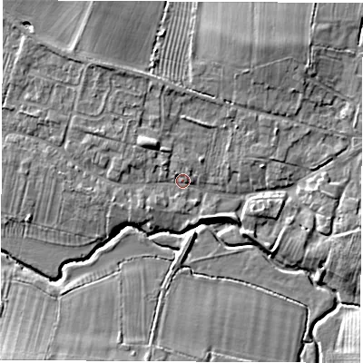 Shaded relief map of the ground around CV479PW, computed from Environment Agency LiDAR. The ground here sits at about 69 m above sea level and falls 11 m across the surrounding 800 m. Surface water reaching this point runs off ground lying to the north-west, 3.3 m higher.