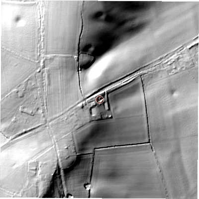 Shaded relief map of the ground around CV479QE, computed from Environment Agency LiDAR. The ground here sits at about 100 m above sea level and falls 35 m across the surrounding 800 m. Surface water reaching this point runs off ground lying to the west-south-west, 6.0 m higher.
