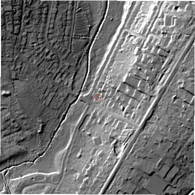 Shaded relief map of the ground around CV47AZ, computed from Environment Agency LiDAR. The ground here sits at about 81 m above sea level and falls 24 m across the surrounding 800 m. Surface water reaching this point runs off ground lying to the east-north-east, 19.7 m higher.