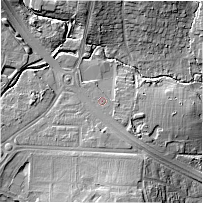 Shaded relief map of the ground around CV47BB, computed from Environment Agency LiDAR. The ground here sits at about 89 m above sea level and falls 14 m across the surrounding 800 m. Surface water reaching this point runs off ground lying to the south-east, 2.7 m higher.