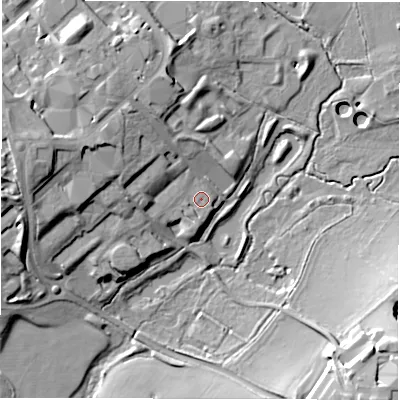 Shaded relief map of the ground around CV47ES, computed from Environment Agency LiDAR. The ground here sits at about 79 m above sea level and falls 21 m across the surrounding 800 m. Surface water reaching this point runs off ground lying to the west-north-west, 9.6 m higher.