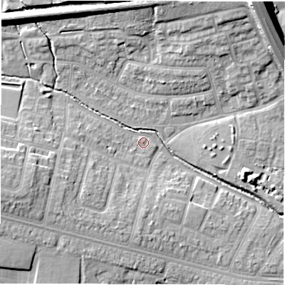 Shaded relief map of the ground around CV48AJ, computed from Environment Agency LiDAR. The ground here sits at about 91 m above sea level and falls 18 m across the surrounding 800 m. Surface water reaching this point runs off ground lying to the west-south-west, 10.0 m higher.
