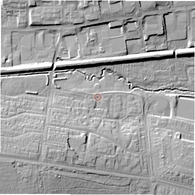 Shaded relief map of the ground around CV48BQ, computed from Environment Agency LiDAR. The ground here sits at about 97 m above sea level and falls 18 m across the surrounding 800 m. Surface water reaching this point runs off ground lying to the south-west, 6.7 m higher.