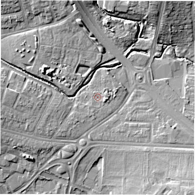 Shaded relief map of the ground around CV48EG, computed from Environment Agency LiDAR. The ground here sits at about 89 m above sea level and falls 13 m across the surrounding 800 m. Surface water reaching this point runs off ground lying to the east-south-east, 1.8 m higher.