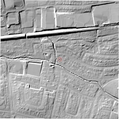 Shaded relief map of the ground around CV48EU, computed from Environment Agency LiDAR. The ground here sits at about 92 m above sea level and falls 18 m across the surrounding 800 m. Surface water reaching this point runs off ground lying to the north-north-west, 9.6 m higher.
