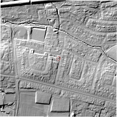 Shaded relief map of the ground around CV48FB, computed from Environment Agency LiDAR. The ground here sits at about 96 m above sea level and falls 14 m across the surrounding 800 m. Surface water reaching this point runs off ground lying to the west-south-west, 5.2 m higher.