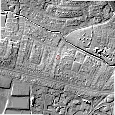 Shaded relief map of the ground around CV48FD, computed from Environment Agency LiDAR. The ground here sits at about 92 m above sea level and falls 13 m across the surrounding 800 m. Surface water reaching this point runs off ground lying to the south-west, 3.2 m higher.