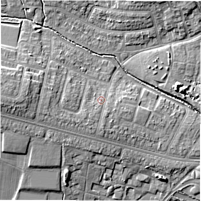 Shaded relief map of the ground around CV48FE, computed from Environment Agency LiDAR. The ground here sits at about 93 m above sea level and falls 14 m across the surrounding 800 m. Surface water reaching this point runs off ground lying to the south-west, 3.0 m higher.