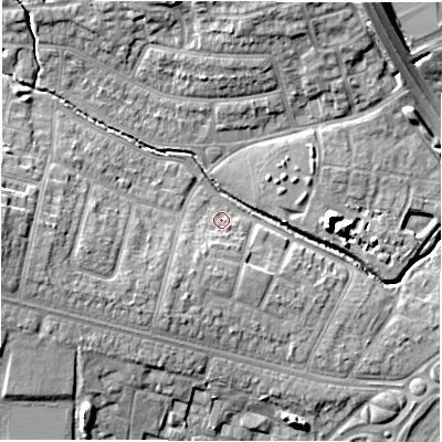 Shaded relief map of the ground around CV48FJ, computed from Environment Agency LiDAR. The ground here sits at about 90 m above sea level and falls 14 m across the surrounding 800 m. Surface water reaching this point runs off ground lying to the south-south-west, 2.7 m higher.