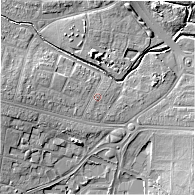 Shaded relief map of the ground around CV48FQ, computed from Environment Agency LiDAR. The ground here sits at about 91 m above sea level and falls 11 m across the surrounding 800 m. Surface water reaching this point runs off ground lying to the west-north-west, 1.5 m higher.