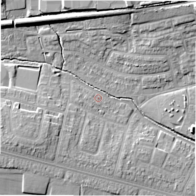 Shaded relief map of the ground around CV48FR, computed from Environment Agency LiDAR. The ground here sits at about 91 m above sea level and falls 16 m across the surrounding 800 m. Surface water reaching this point runs off ground lying to the west-south-west, 9.1 m higher.