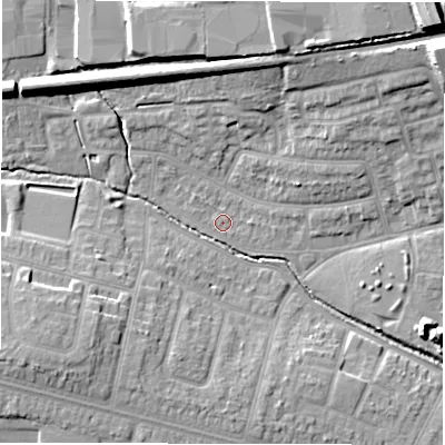 Shaded relief map of the ground around CV48FS, computed from Environment Agency LiDAR. The ground here sits at about 91 m above sea level and falls 18 m across the surrounding 800 m. Surface water reaching this point runs off ground lying to the north-west, 2.2 m higher.