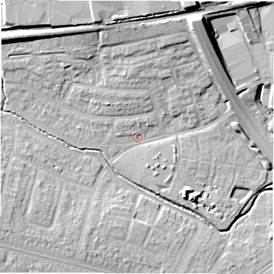 Shaded relief map of the ground around CV48FT, computed from Environment Agency LiDAR. The ground here sits at about 90 m above sea level and falls 19 m across the surrounding 800 m. Surface water reaching this point runs off ground lying to the north-north-east, 16.0 m higher.