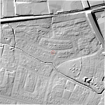 Shaded relief map of the ground around CV48FZ, computed from Environment Agency LiDAR. The ground here sits at about 91 m above sea level and falls 19 m across the surrounding 800 m. Surface water reaching this point runs off ground lying to the north-north-east, 3.1 m higher.