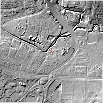 Shaded relief map of the ground around CV48HH, computed from Environment Agency LiDAR. The ground here sits at about 89 m above sea level and falls 11 m across the surrounding 800 m. Surface water reaching this point runs off ground lying to the south-south-east, 1.7 m higher.