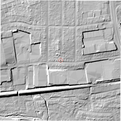 Shaded relief map of the ground around CV49AA, computed from Environment Agency LiDAR. The ground here sits at about 103 m above sea level and falls 22 m across the surrounding 800 m. Surface water reaching this point runs off ground lying to the north-north-east, 8.5 m higher.