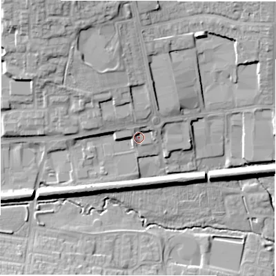 Shaded relief map of the ground around CV49AP, computed from Environment Agency LiDAR. The ground here sits at about 101 m above sea level and falls 25 m across the surrounding 800 m. Surface water reaching this point runs off ground lying to the north, 5.8 m higher.